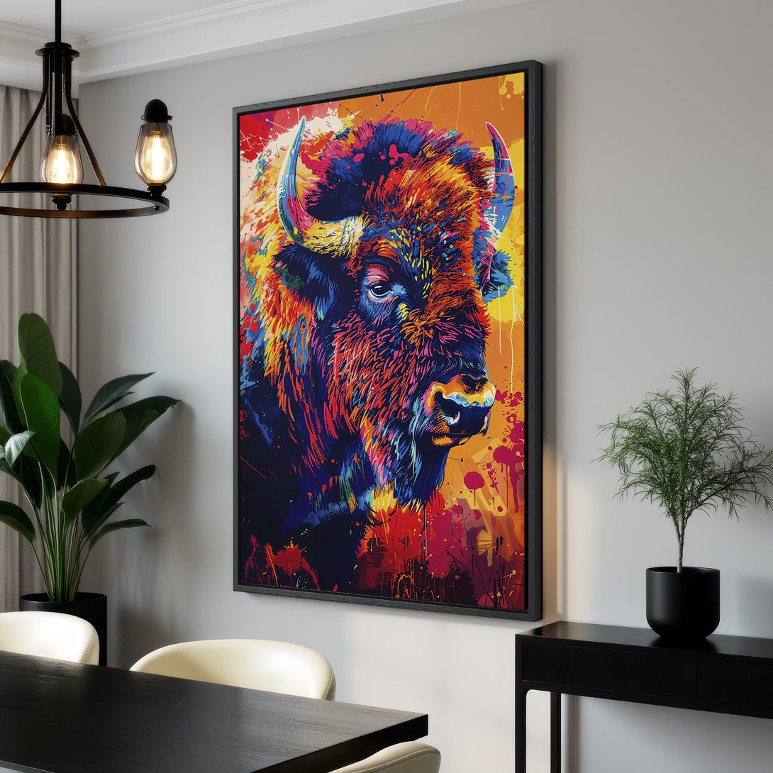 Framed Wall Art: Vibrant bison portrait in pop art style, featuring a bold, colorful palette of blues, reds, and oranges. Perfect statement piece for any space!