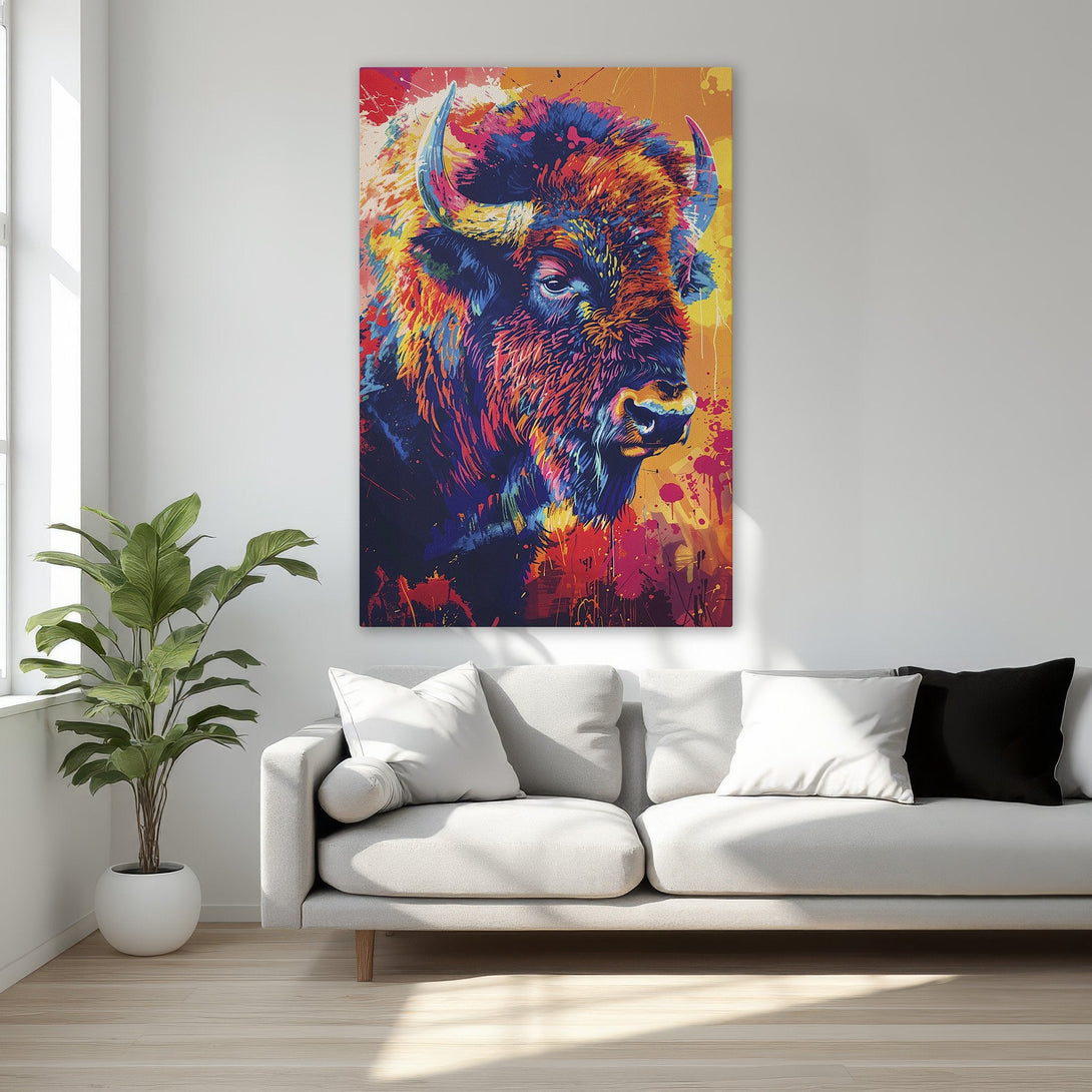 Framed Wall Art featuring a vibrant bison in a pop art style. Bold, colorful canvas print with a warm, rich palette of reds, oranges, and blues.