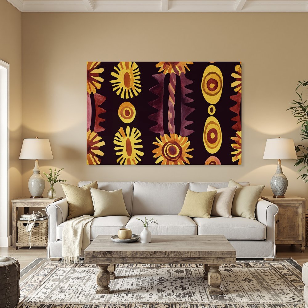 Framed Wall Art: Abstract watercolor design in warm yellow, orange, and burgundy hues. Perfect for dining room decor. Elevate your space with this unique Canvas Print.