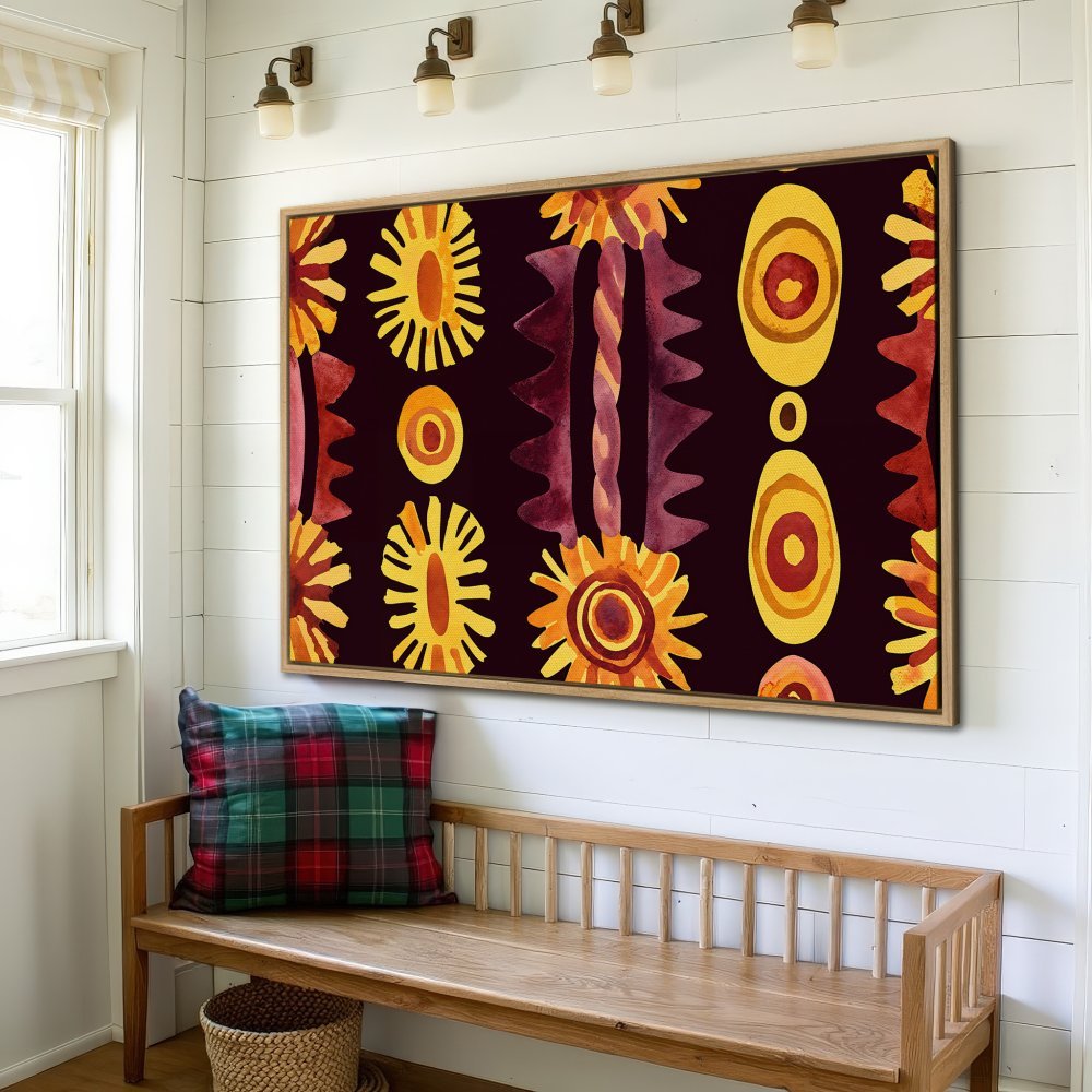 Framed Wall Art: Abstract watercolor design in warm yellow, orange, and burgundy tones. Adds a pop of color to any space.