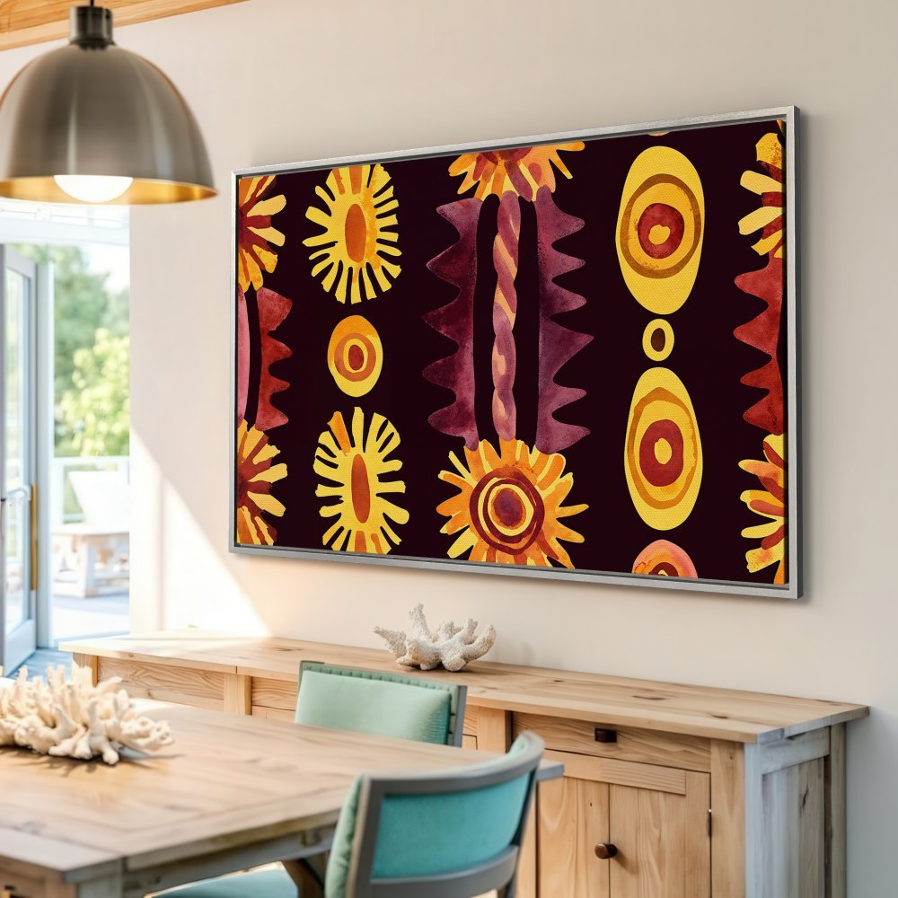 Framed Wall Art: Abstract watercolor print with warm yellow, orange, and burgundy tones. Perfect for adding a pop of color to your dining room!
