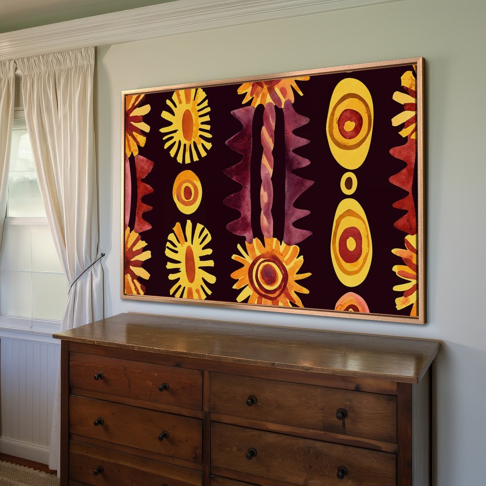 Framed Wall Art: Abstract watercolor design in warm yellow and red tones on a dark background. Perfect for adding a pop of color!