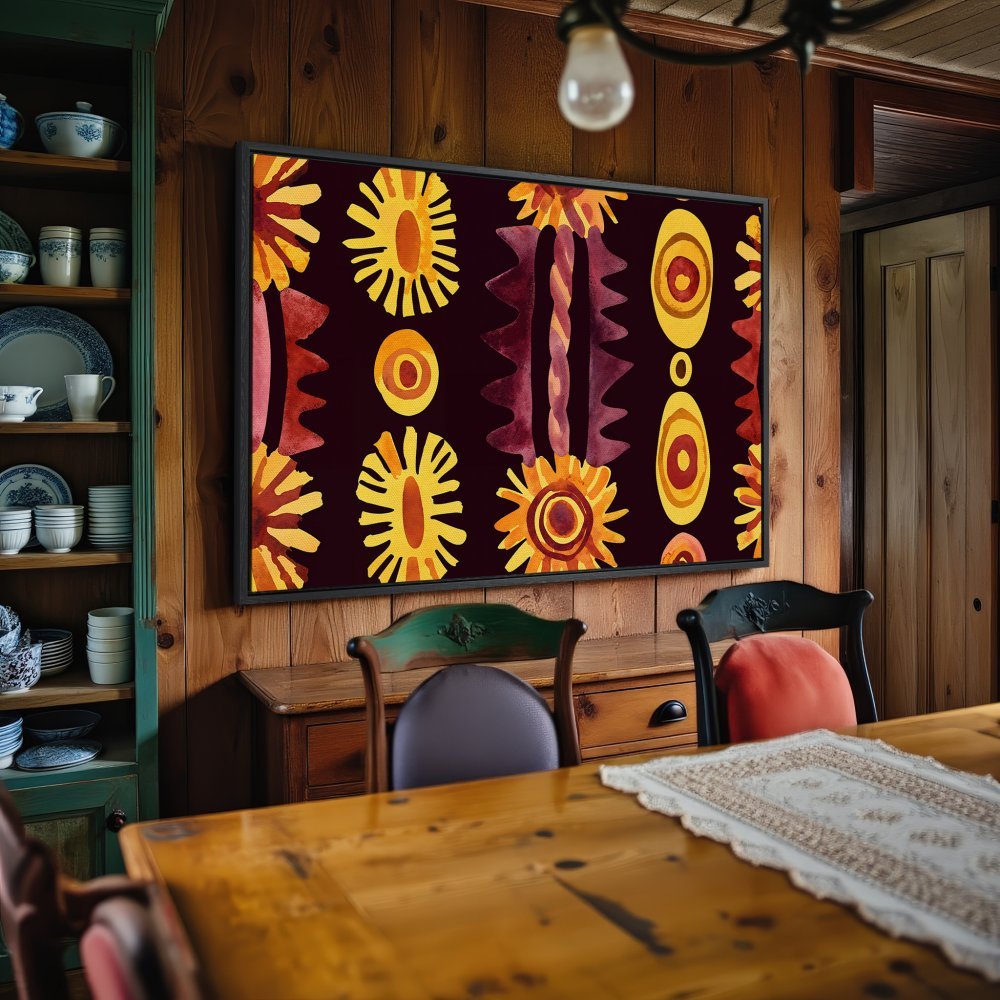 Framed Wall Art featuring abstract floral design in warm yellow and red tones against a dark background. Perfect for adding a pop of color!