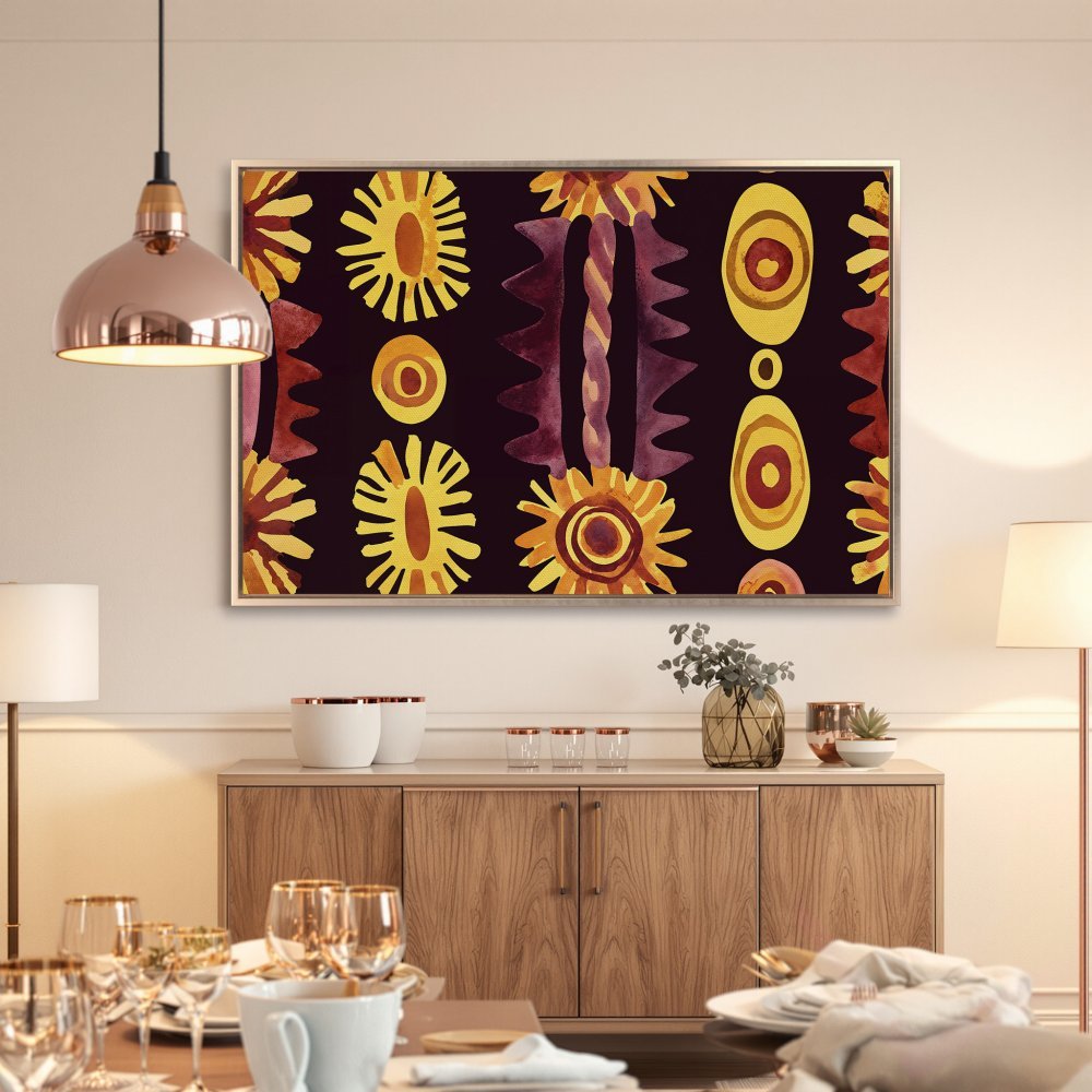 Framed Wall Art featuring abstract floral pattern in warm yellow and burgundy hues. Perfect for adding a touch of modern art to your home decor.