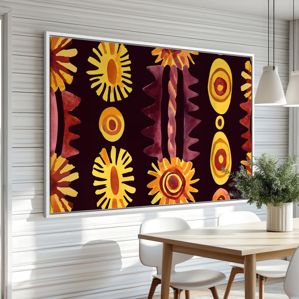 Framed Wall Art: Abstract watercolor print with warm yellow and red tones on a dark background. Perfect for adding a pop of color to your space.