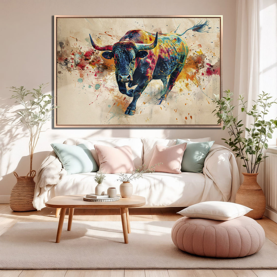 Framed Wall Art: Abstract bull painting in vibrant colors. Modern canvas print adds a pop of color to any living room. Shop now!