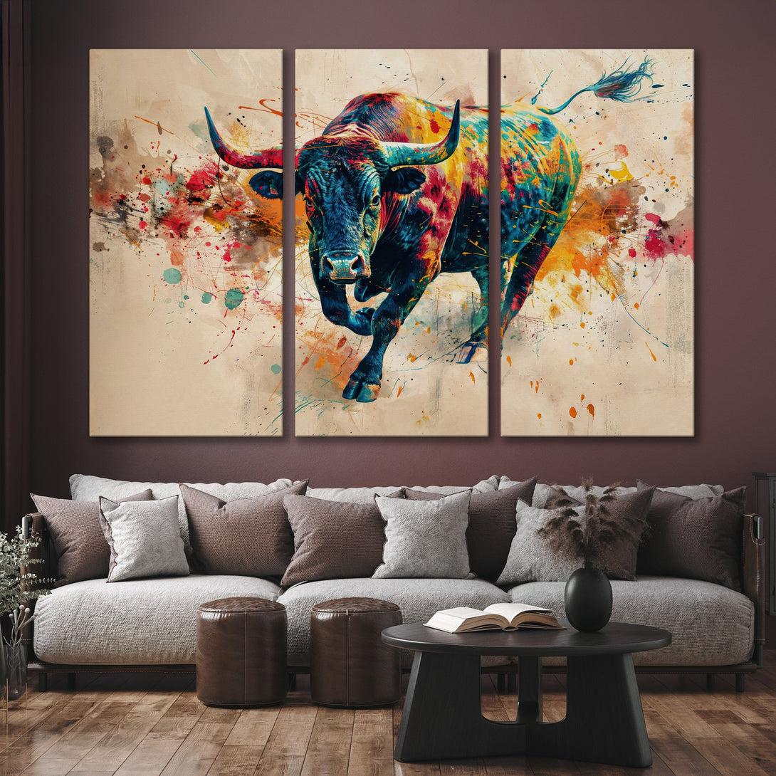 Canvas Print of a vibrant, abstract bull in a colorful palette. Perfect for adding a modern touch to your home decor.