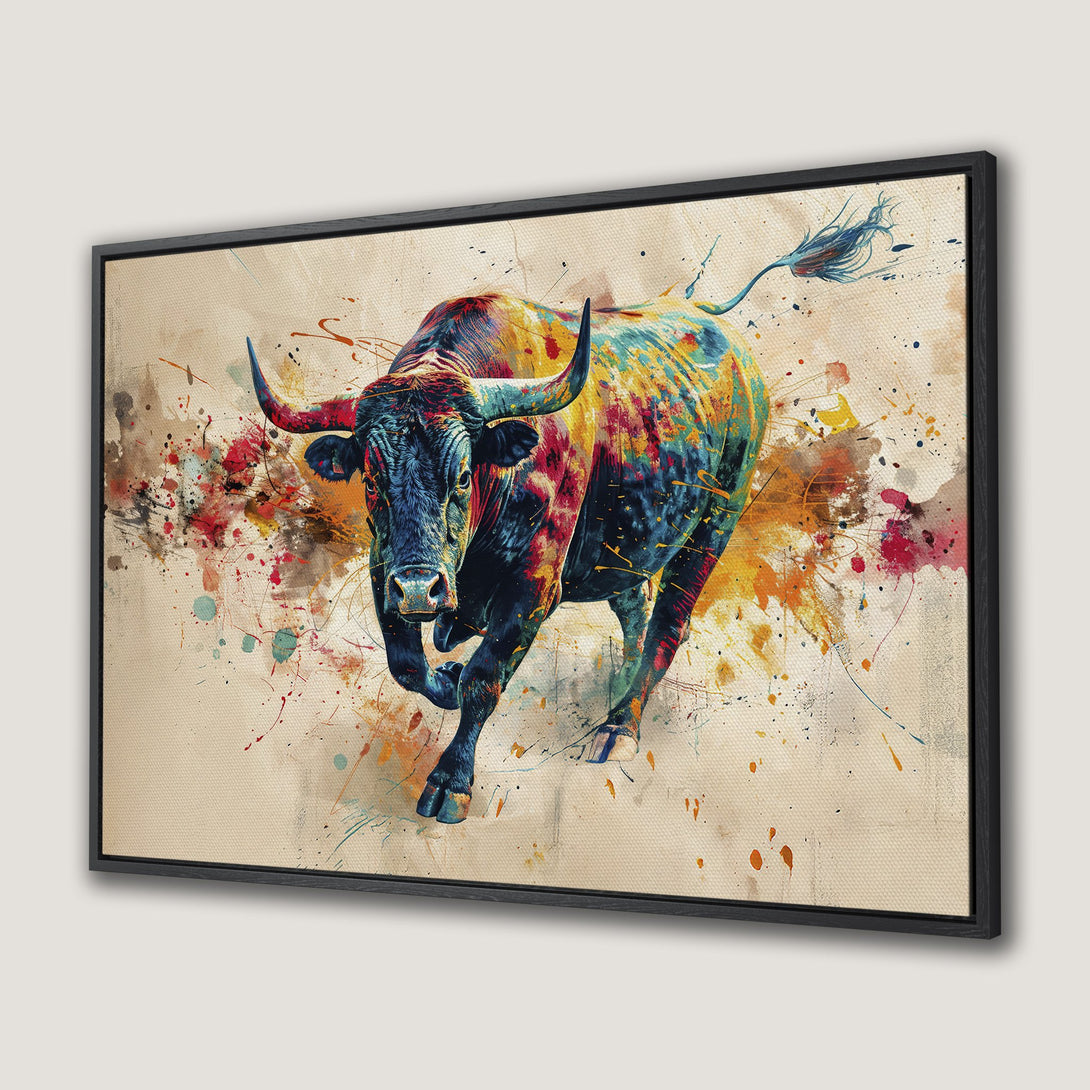 Framed Wall Art: Colorful watercolor bull canvas print. Bold, expressive style with vibrant blues, reds, and yellows. Perfect statement piece for any space.