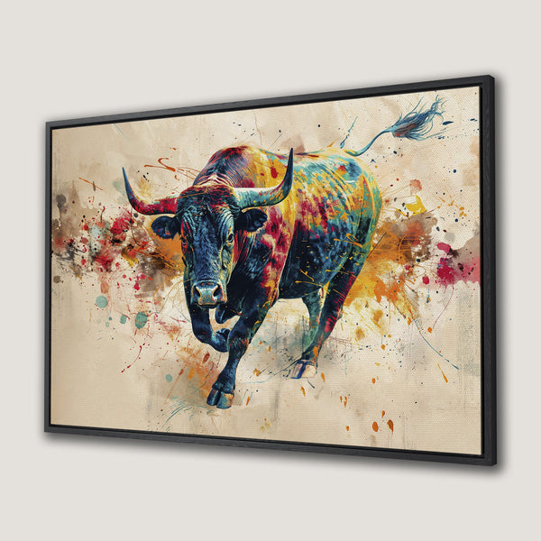 Framed Wall Art: Colorful watercolor bull canvas print. Bold, expressive style with vibrant blues, reds, and yellows. Perfect statement piece for any space.
