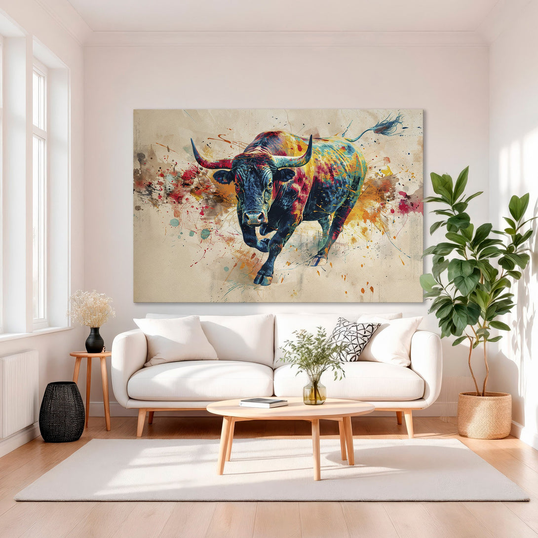 Framed Wall Art: Colorful watercolor bull canvas print. Modern art with vibrant hues of blue, red, and yellow. Perfect for adding a bold statement to any interior.
