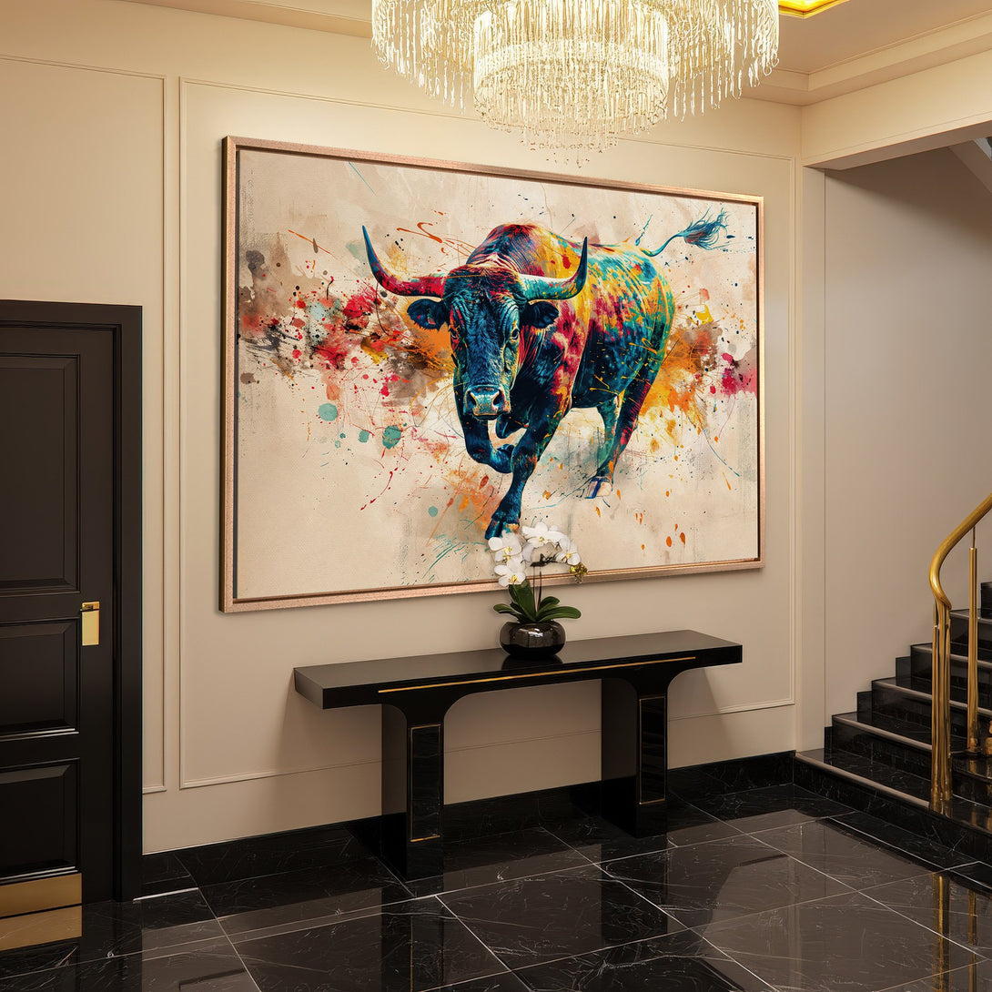 Framed Wall Art: Colorful bull painting in a modern hallway. Abstract style with a vibrant palette of blues, reds, and yellows. Elevate your home decor!
