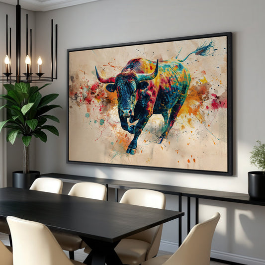 Vibrant Abstract Charging Bull Canvas Print Wall Art