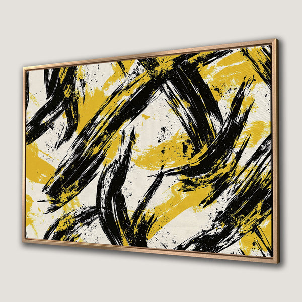Framed Wall Art featuring abstract brushstrokes in black and yellow on a cream background. Modern art Canvas Print for stylish home decor.