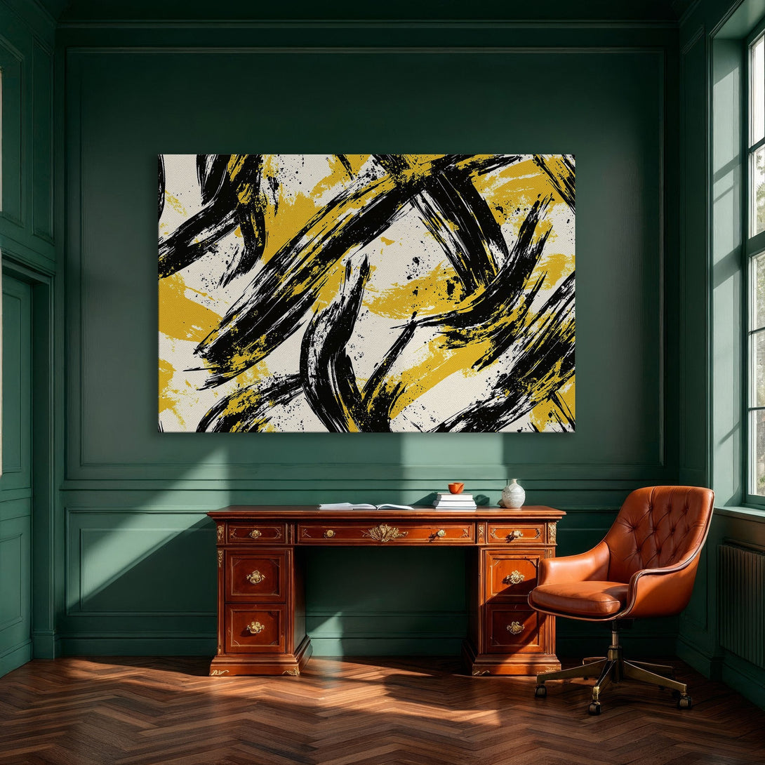 Framed Wall Art: Abstract brushstroke design in black and yellow. Modern art canvas print adds a pop of color to any interior.