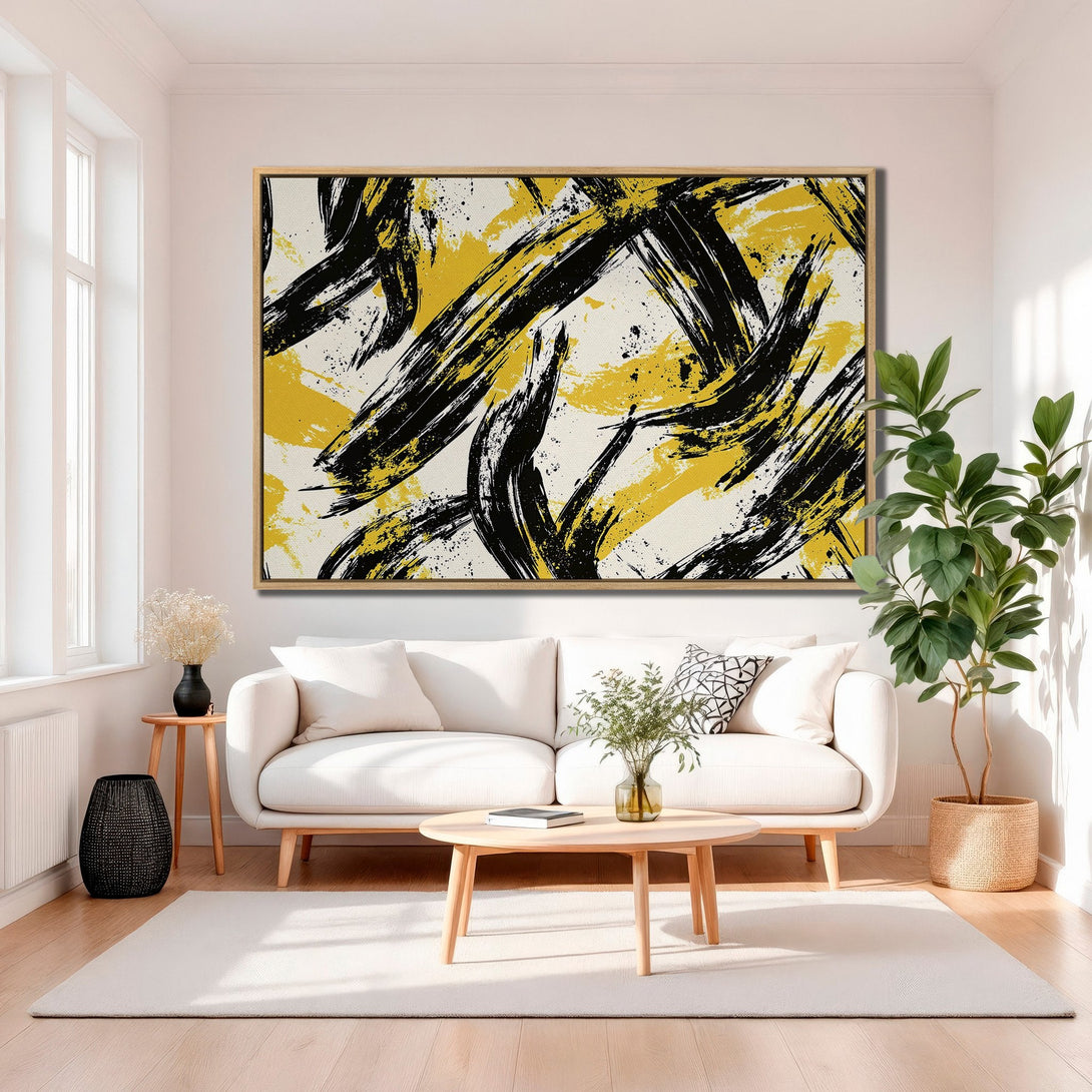 Framed Wall Art: Abstract brushstroke art in black and yellow on a neutral background. Modern art canvas print for a stylish living room.