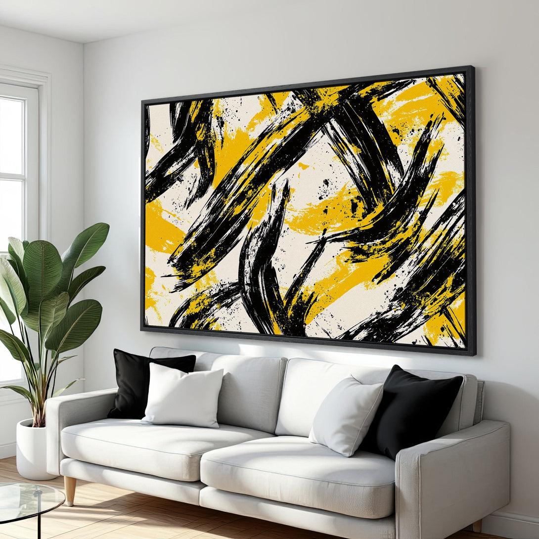 Framed Wall Art: Abstract brushstroke design in yellow and black, modern art canvas print, adds a pop of color to any living room.