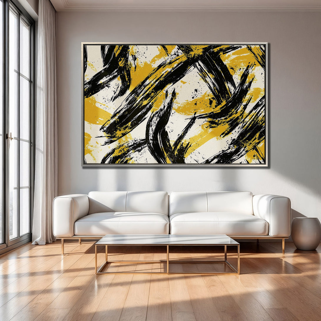 Framed Wall Art: Modern abstract brushstroke art in black & yellow, perfect for living room decor. Add a pop of color! Shop now!