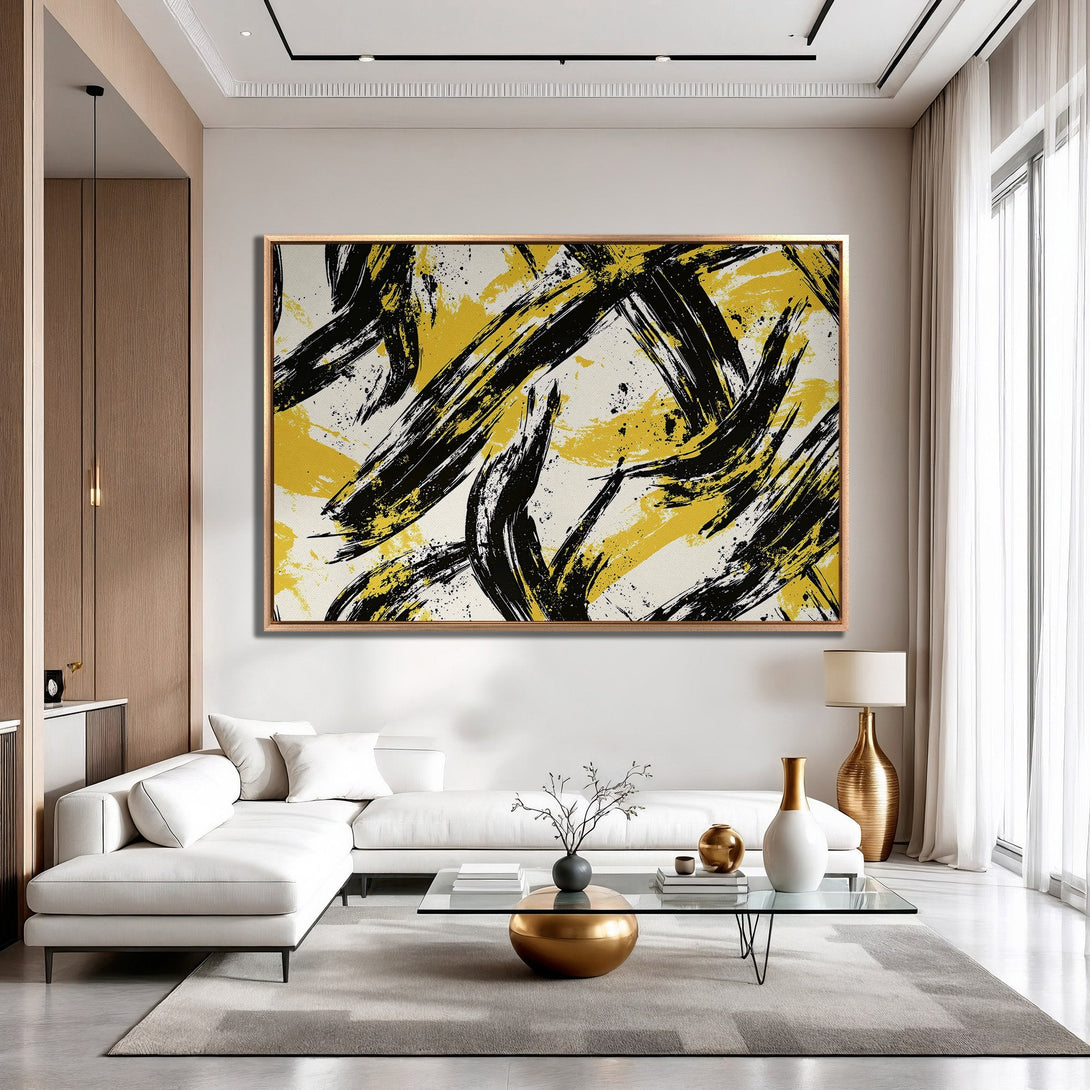 Framed Wall Art: Abstract brushstroke design in yellow and black. Modern art canvas print adds a pop of color to any interior.