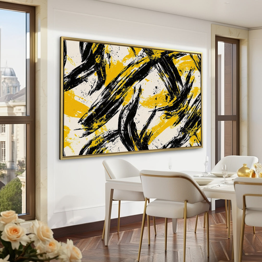 Abstract Canvas Print in a dark green room. Features bold black and yellow brushstrokes on a neutral background. Modern art for home decor.