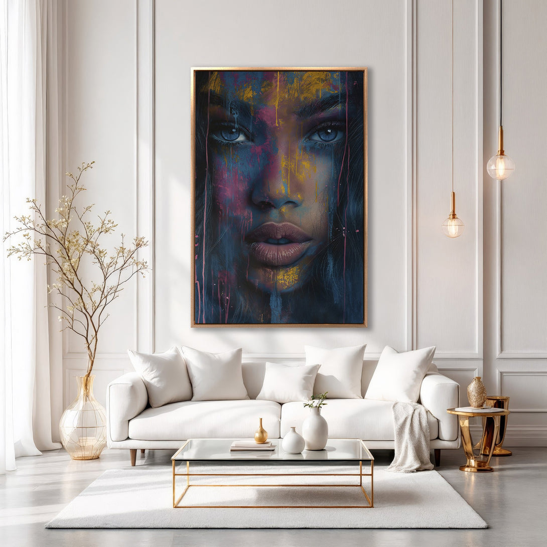 Framed Wall Art: Abstract portrait of a woman with blue eyes, vibrant colors. Modern art canvas print adds a pop of color to any interior.