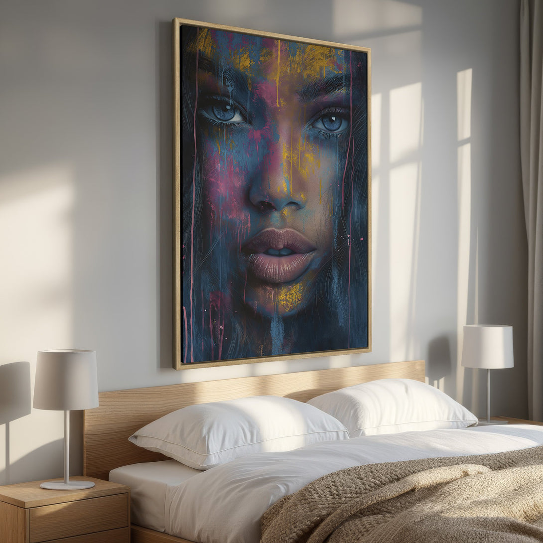 Framed Wall Art: Stunning portrait of a woman with colorful abstract paint. Blue, pink, and yellow hues add a vibrant touch to any space. Perfect bedroom decor!