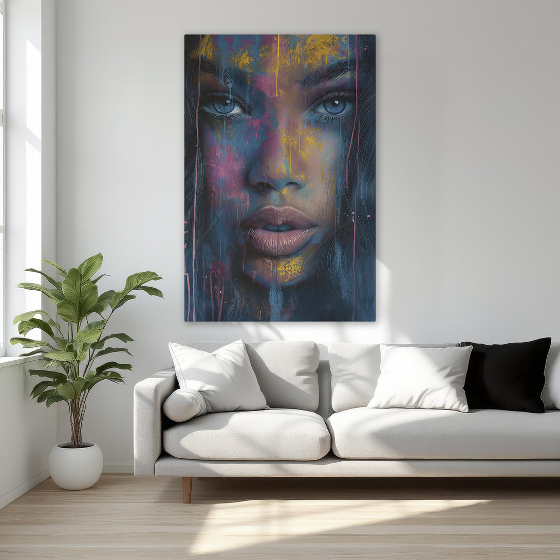 Framed Wall Art: Abstract portrait of a woman with blue eyes, vibrant color palette. Modern art for bedroom decor. Shop Canvas Prints today!