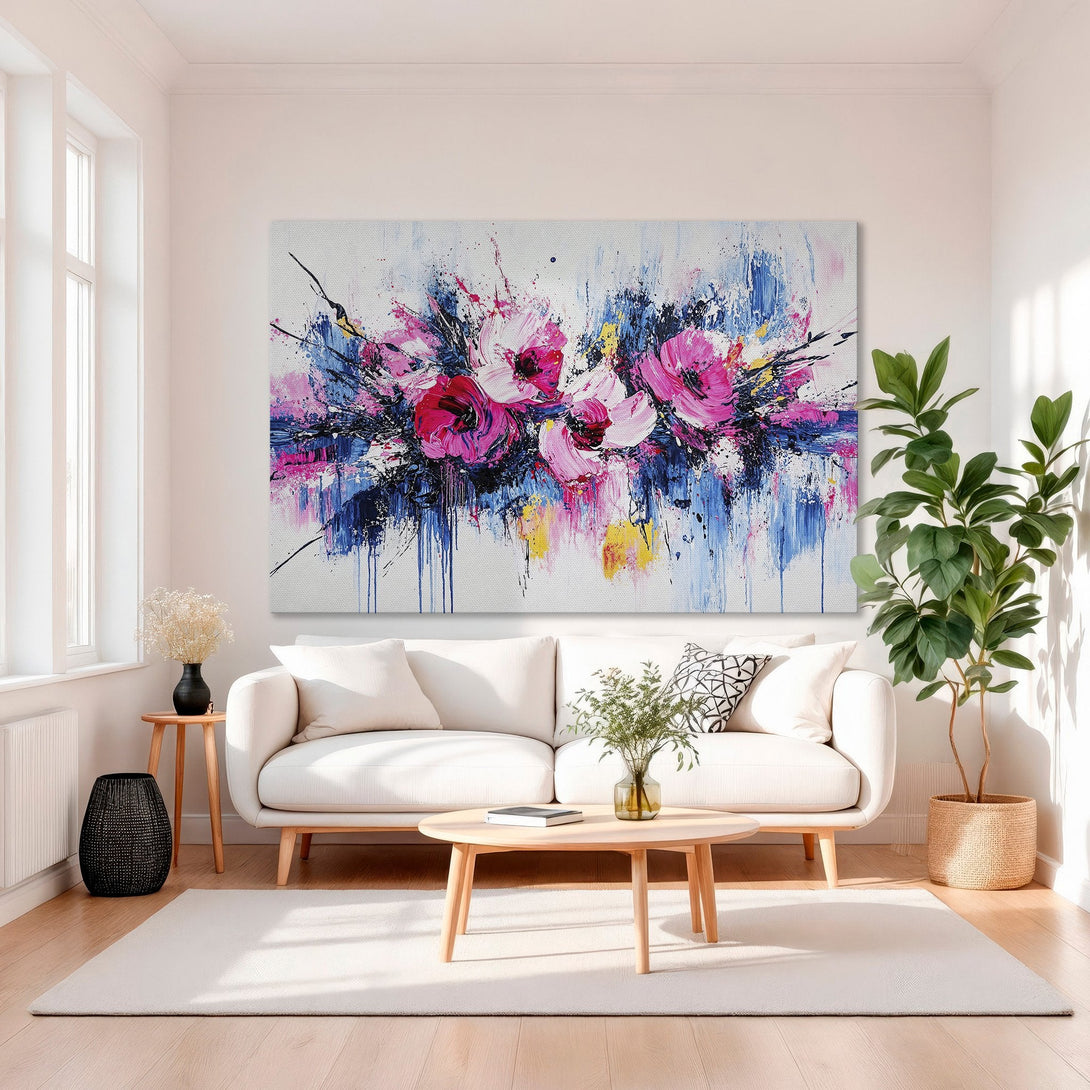 Framed Wall Art: Abstract floral Canvas Print in pink, blue, and gold. Modern art for living room decor. Shop now for stylish wall art!