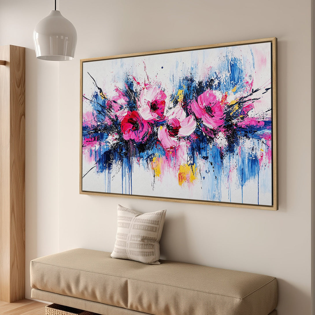 Framed Wall Art: Abstract floral Canvas Print with pink, blue, and yellow hues. Modern art for living room or bedroom decor.