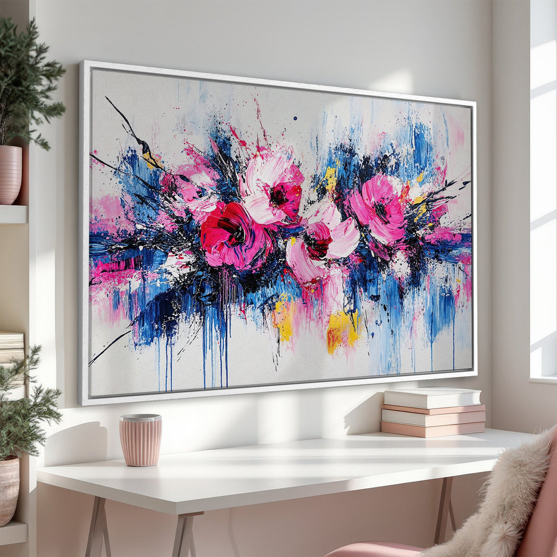 Framed Wall Art: Abstract floral painting in pinks, blues, and yellow. Modern art canvas print adds a pop of color to any interior space. Shop now!