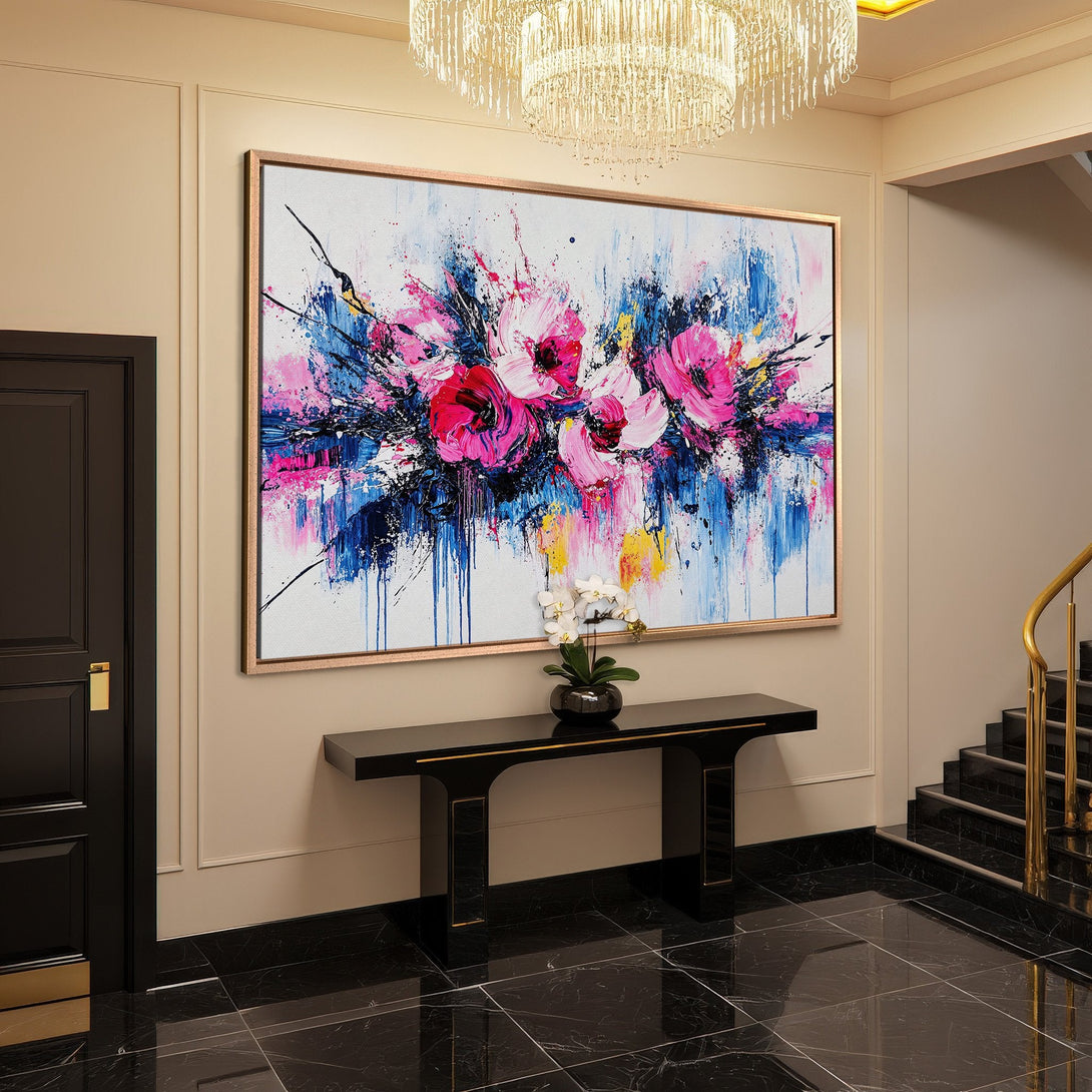 Framed Wall Art: Abstract floral Canvas Print in pink, blue, and white. Modern art for home decor, adding a pop of color and style.