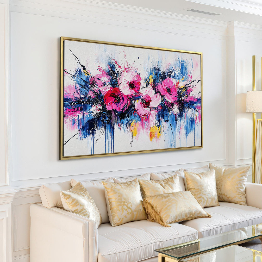 Canvas Print of abstract floral art in pink, blue, and yellow hues, displayed in a modern interior.