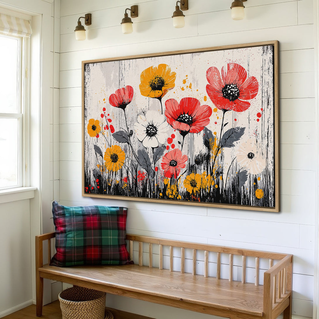 Framed Wall Art: Abstract floral canvas print in red, yellow, and white. Modern farmhouse style art adds a pop of color to any space.