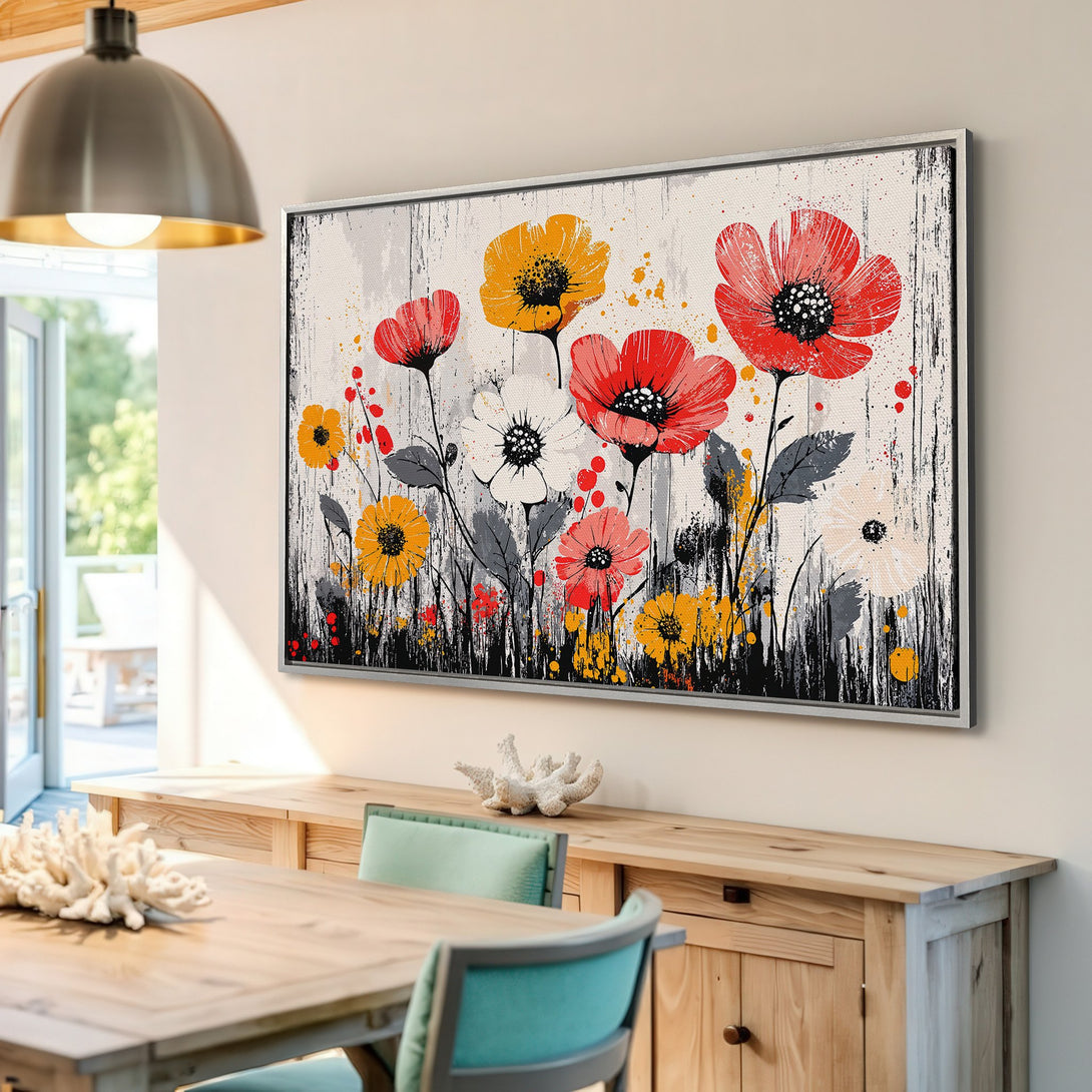 Framed Wall Art: Abstract floral Canvas Print in red, yellow, and white. Modern art for your home decor.