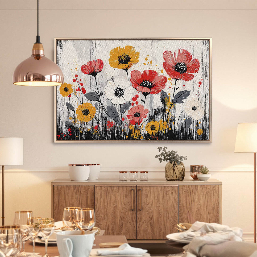 Framed Wall Art: Vibrant floral canvas print with red, yellow, and white flowers. Modern art with a rustic, textured background. Perfect for home decor.