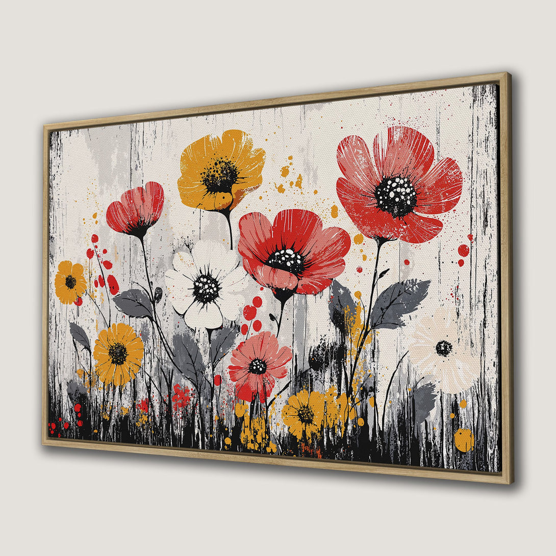 Framed Wall Art featuring vibrant floral art. Modern, abstract style with red, yellow, and gray blooms on a textured background. Perfect for adding color to your space!