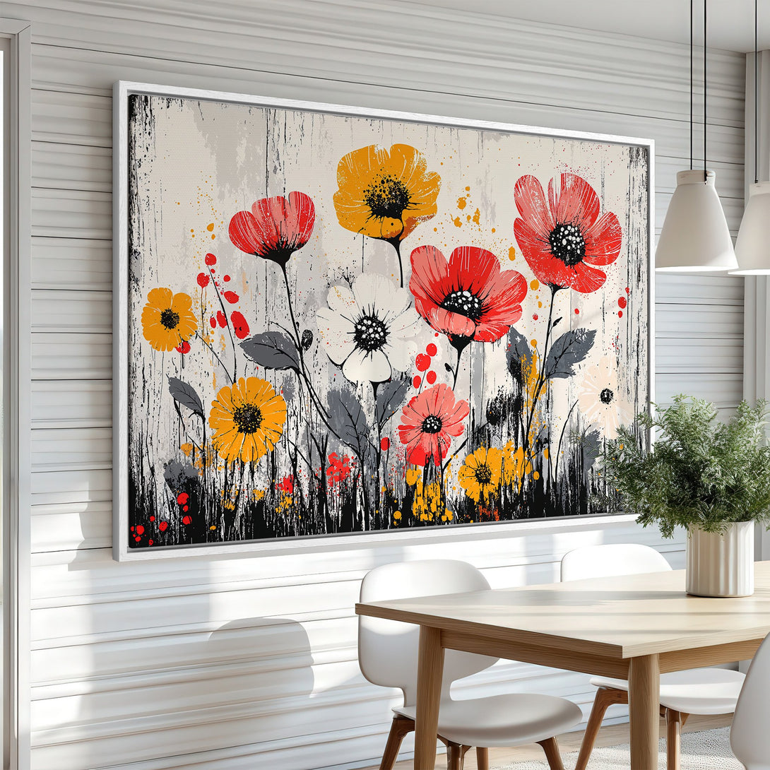 Framed Wall Art of vibrant floral abstract art in red, yellow, and white. Modern canvas print adds a pop of color to any interior.