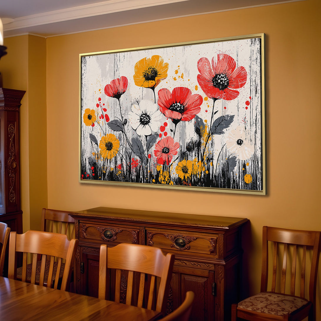 Canvas Print of vibrant floral art in red, yellow, and white. Modern style with neutral background, perfect for living room decor.