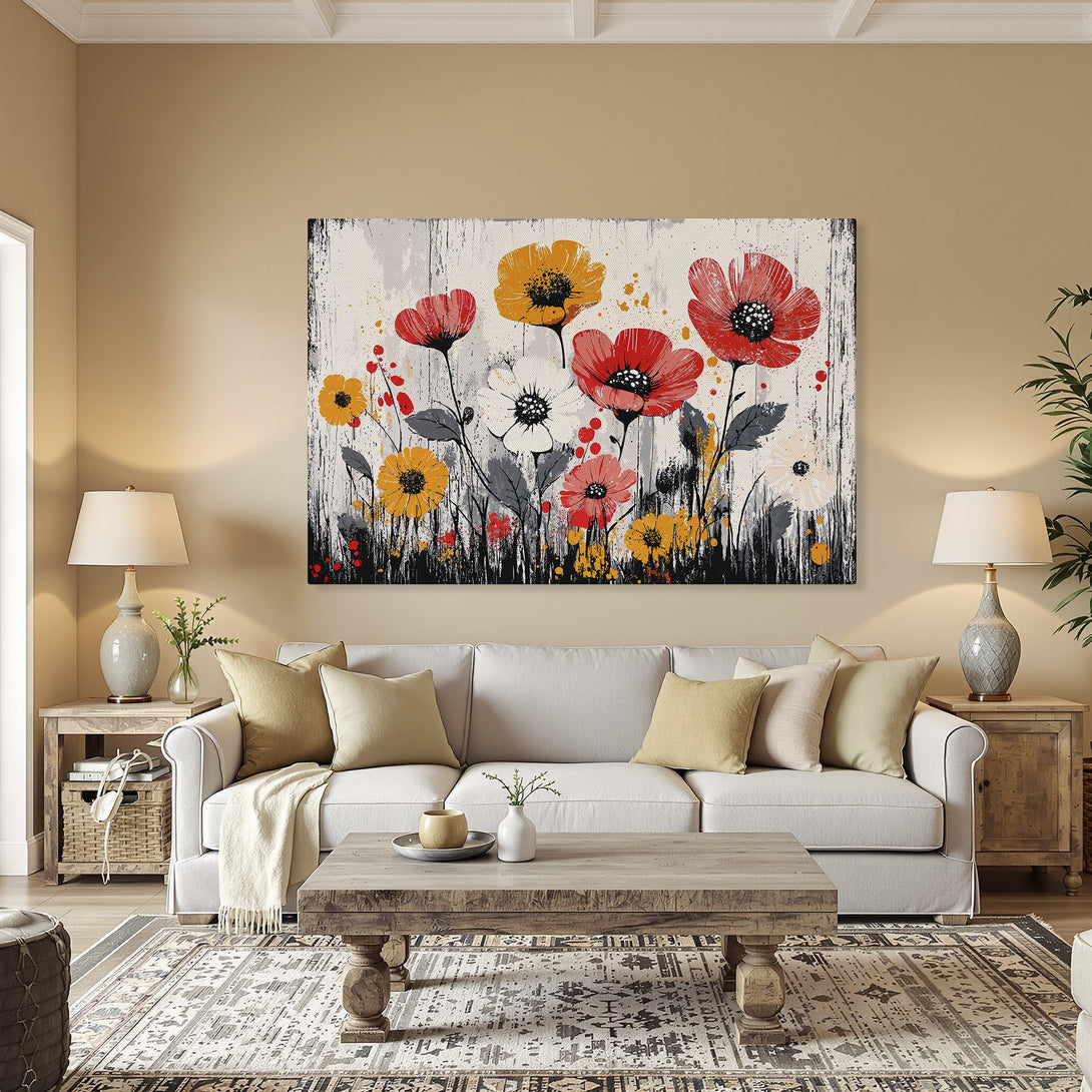 Framed Wall Art featuring vibrant floral art in red, yellow, and white. Modern style canvas print adds a pop of color to any room.