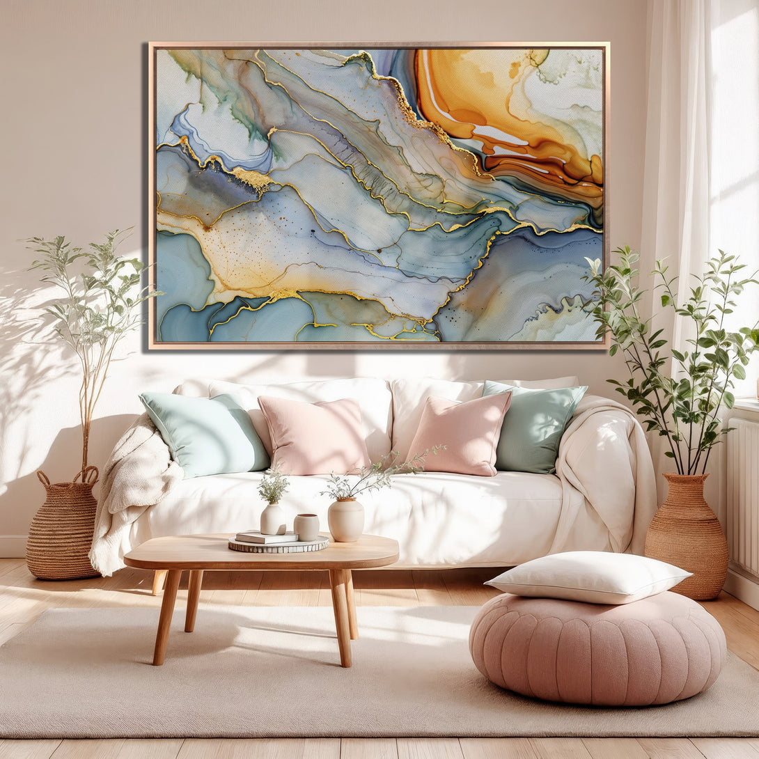 Framed Wall Art: Abstract fluid art Canvas Print in blue, gold, and orange tones. Modern art for living room decor.