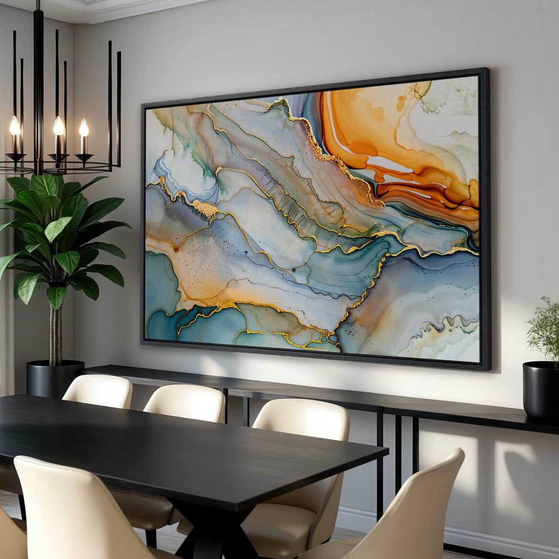 Framed Wall Art Canvas Print: Abstract art in blue, gold, and orange. Modern decor for dining room. Add a touch of elegance with this stunning piece.