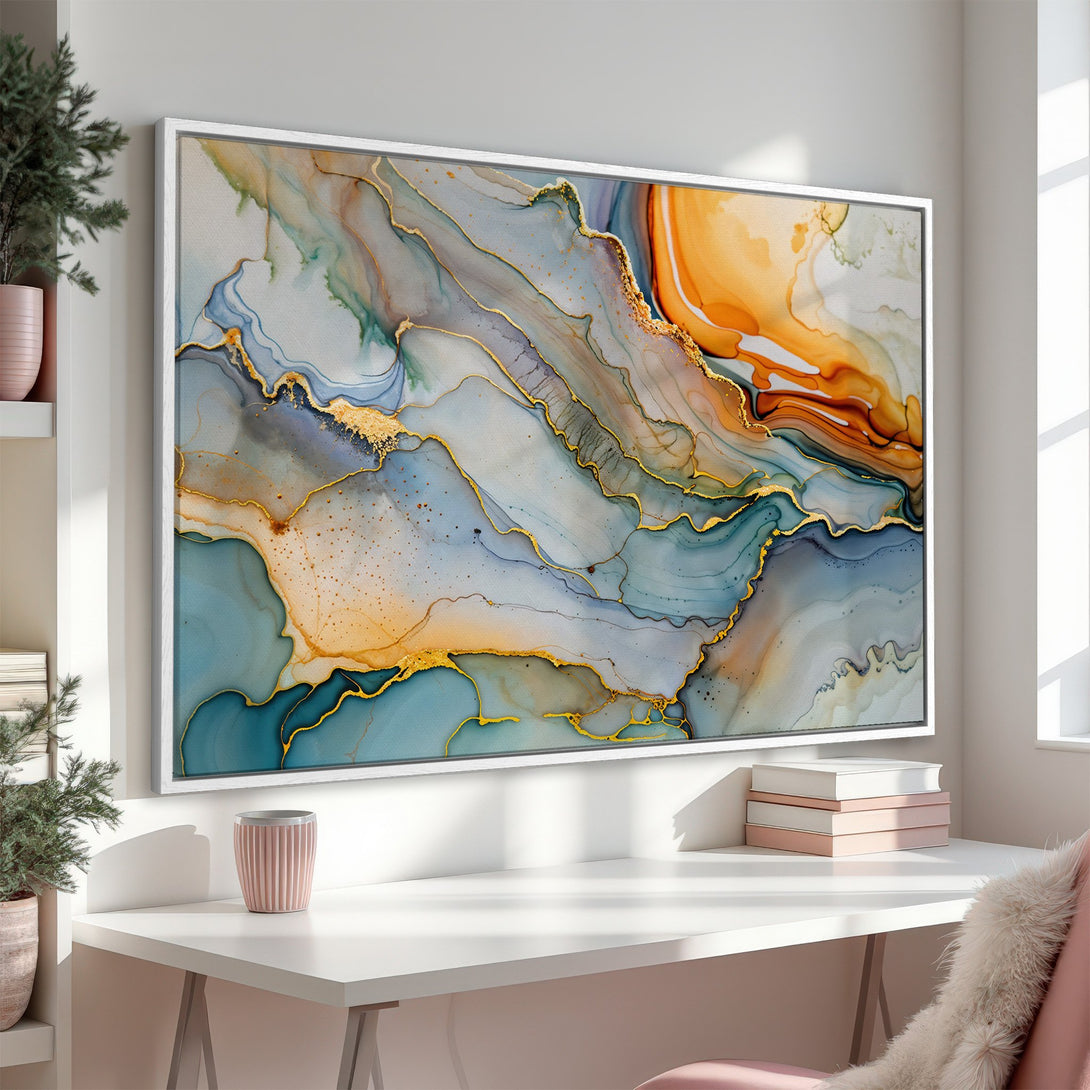 Framed Wall Art featuring abstract watercolor design in teal, gold, and orange hues. Elevate your space with this modern, stylish canvas print.
