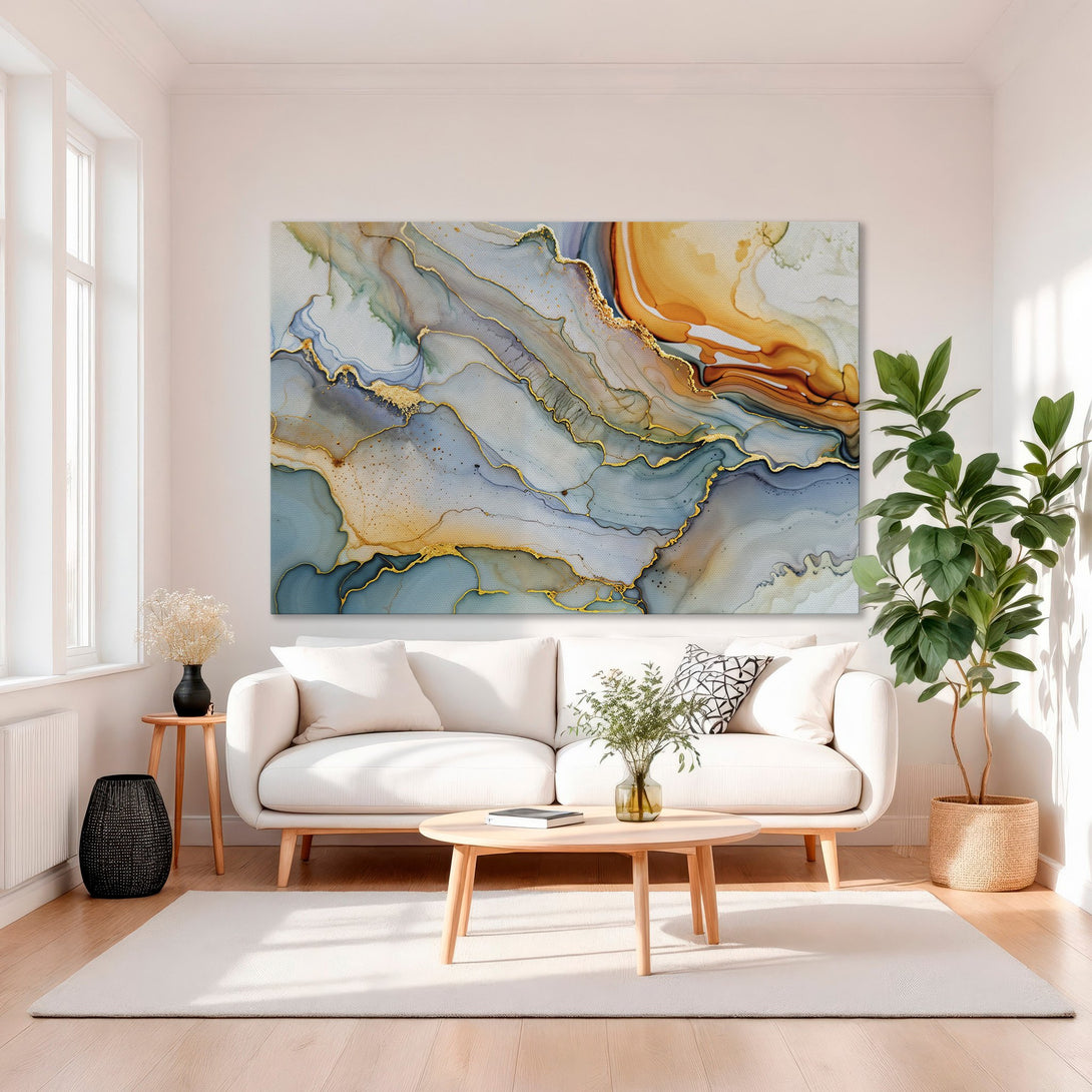 Framed Wall Art: Abstract canvas print in blues, oranges, and gold. Modern art for living room decor. Enhance your home with this stunning piece.