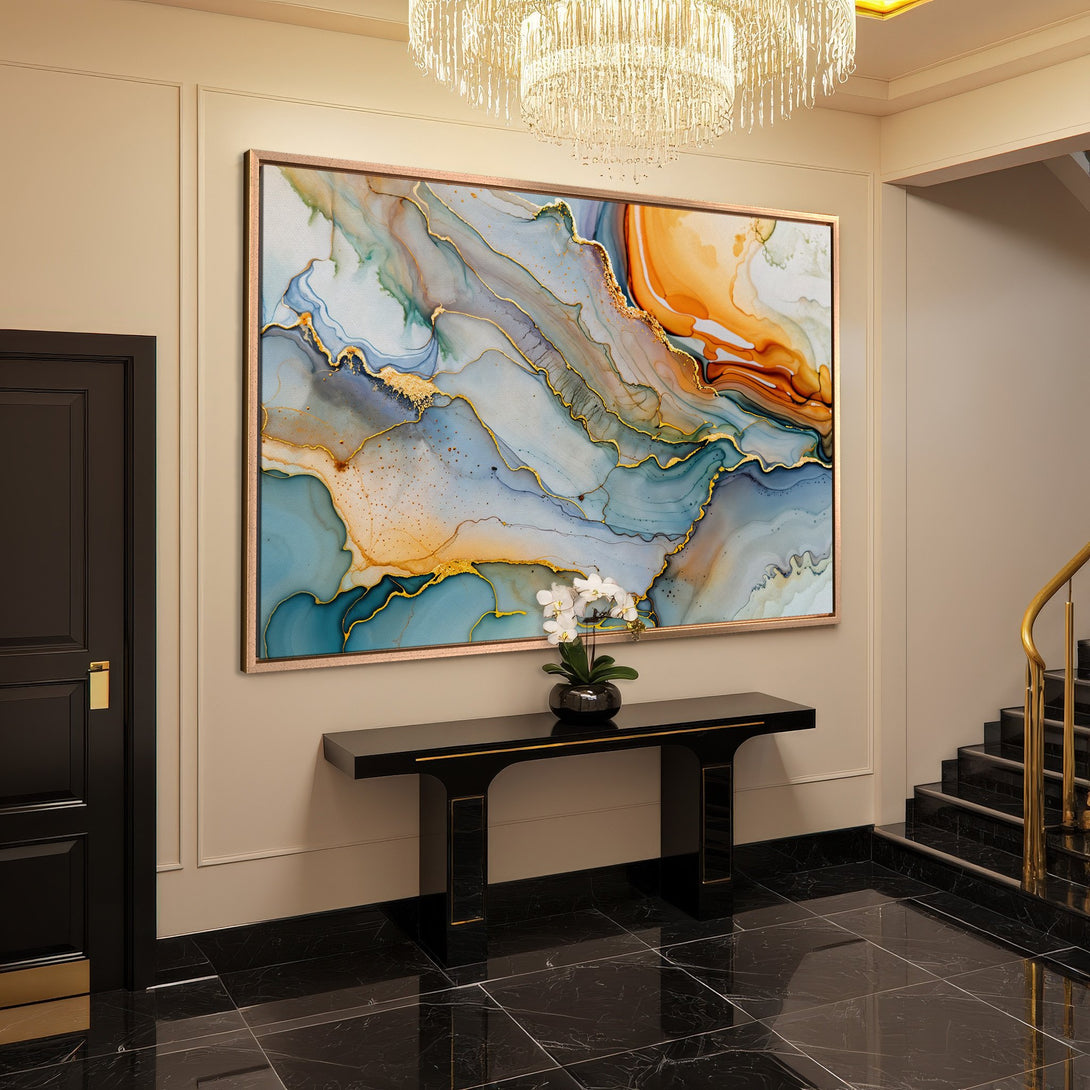 Framed Wall Art: Abstract Canvas Print in blue, gold, and orange tones. Modern art for home decor. Elevate your space with this stunning artwork.