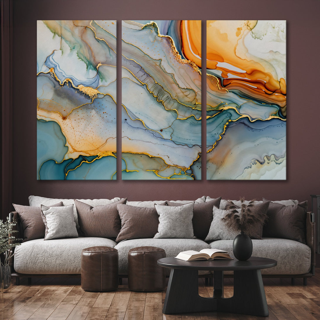 Abstract Canvas Print triptych in blue, gold, and orange tones. Modern art for living room decor. Elevate your space with this stunning wall art.