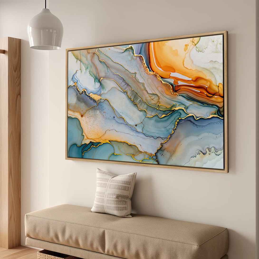 Abstract Canvas Print with gold accents, featuring a fluid, watercolor-style design in teal, orange, and gold tones. Modern wall art for home decor.