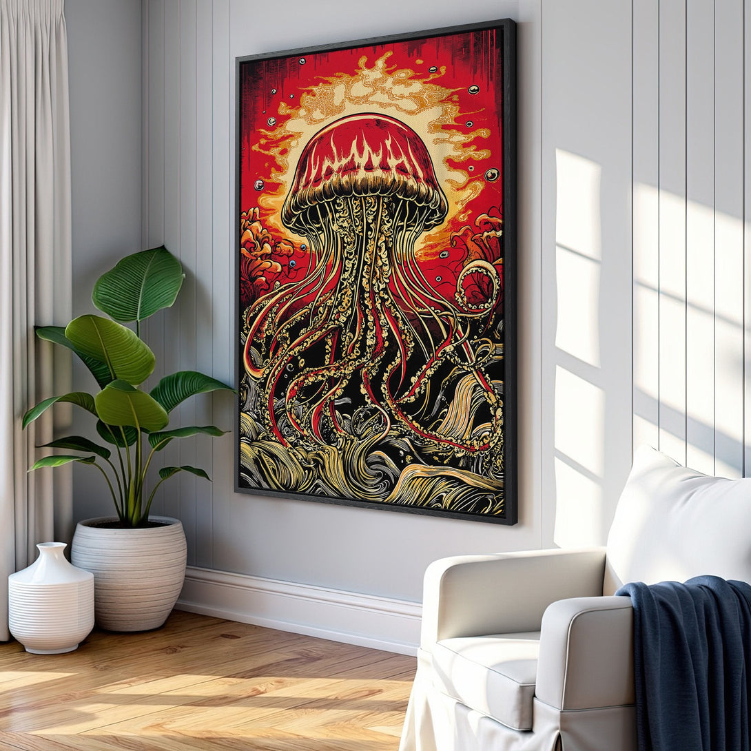 Framed Wall Art: Bold jellyfish illustration in red, gold, and black. Adds a pop of color and artistic flair to any room. Perfect for modern decor.