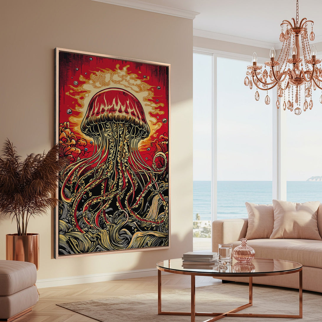 Framed Wall Art featuring a vibrant jellyfish illustration in red, black, and gold tones. Modern art for your home, adding a pop of color and style.
