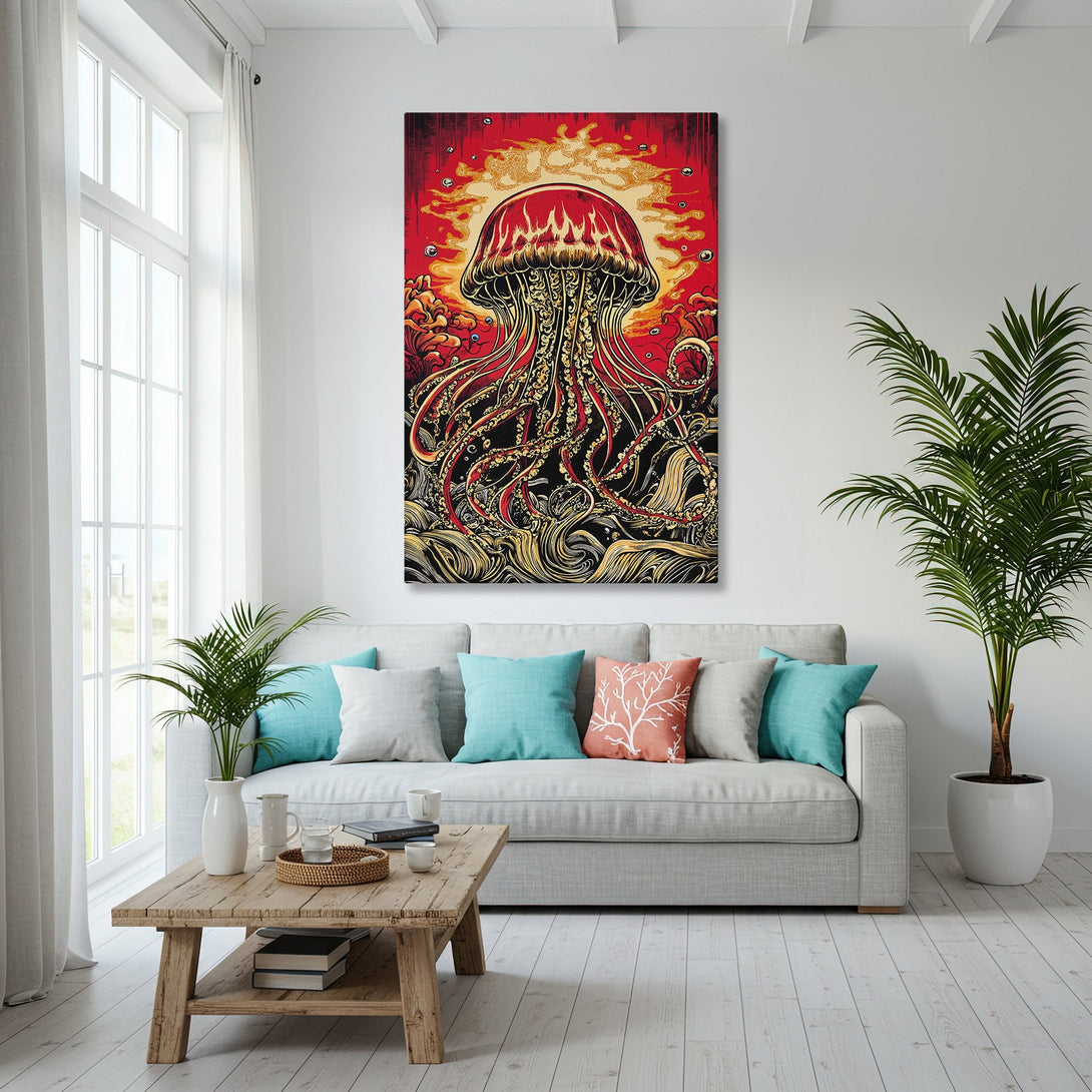 Framed Wall Art featuring a vibrant jellyfish illustration in red, gold, and black. Perfect for adding a pop of color and unique style to your living space!