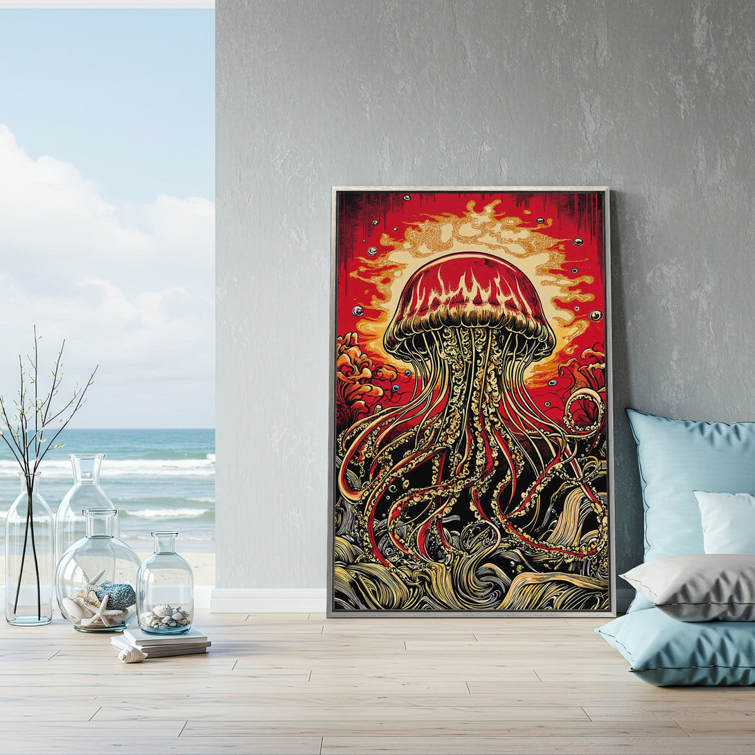 Framed Wall Art featuring a vibrant jellyfish illustration in a bold red, gold, and black color palette. Perfect for adding a unique touch to your home decor.