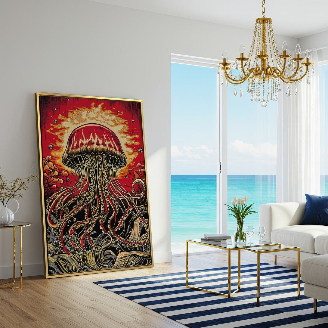 Canvas Print of a vibrant jellyfish art piece in red, gold, and black, adding a pop of color to a modern living room.